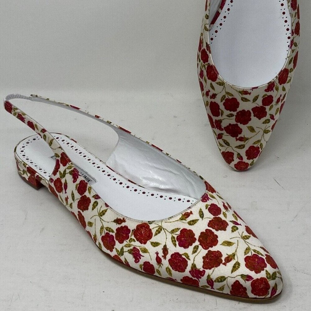 Manolo Blahnik SAWRA Satin Slingback Flats Pumps 41 EU 11 US Floral Red